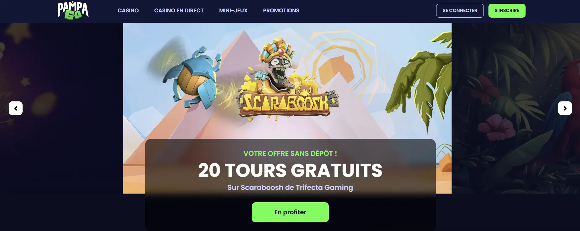 Interface de Pampago Casino avec les catégories de jeux et le menu principal