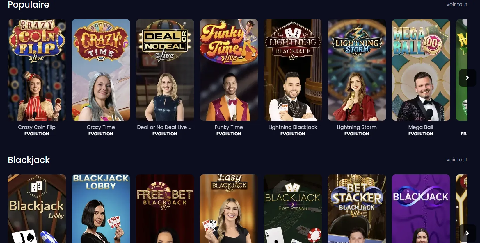 Tables de casino en direct chez Pampago Casino : roulette, blackjack et jeux télévisés avec croupiers réels