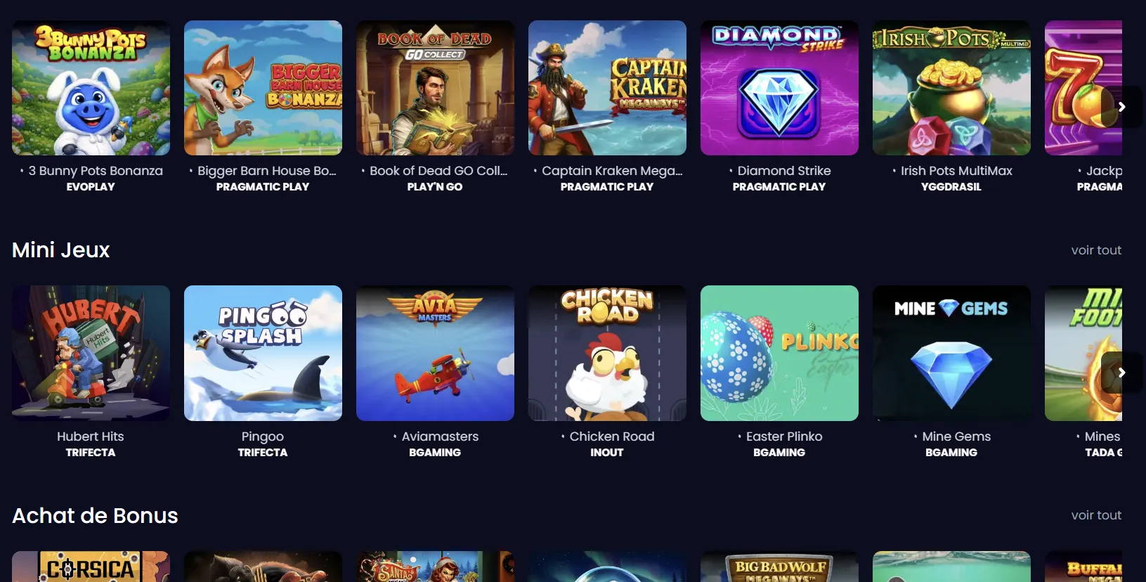Catalogue de machines à sous de Pampago Casino avec les onglets Megaways, achat de bonus et jackpots