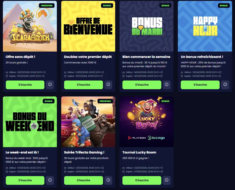 Page des promotions de Pampago Casino avec les recharges hebdomadaires et le cashback