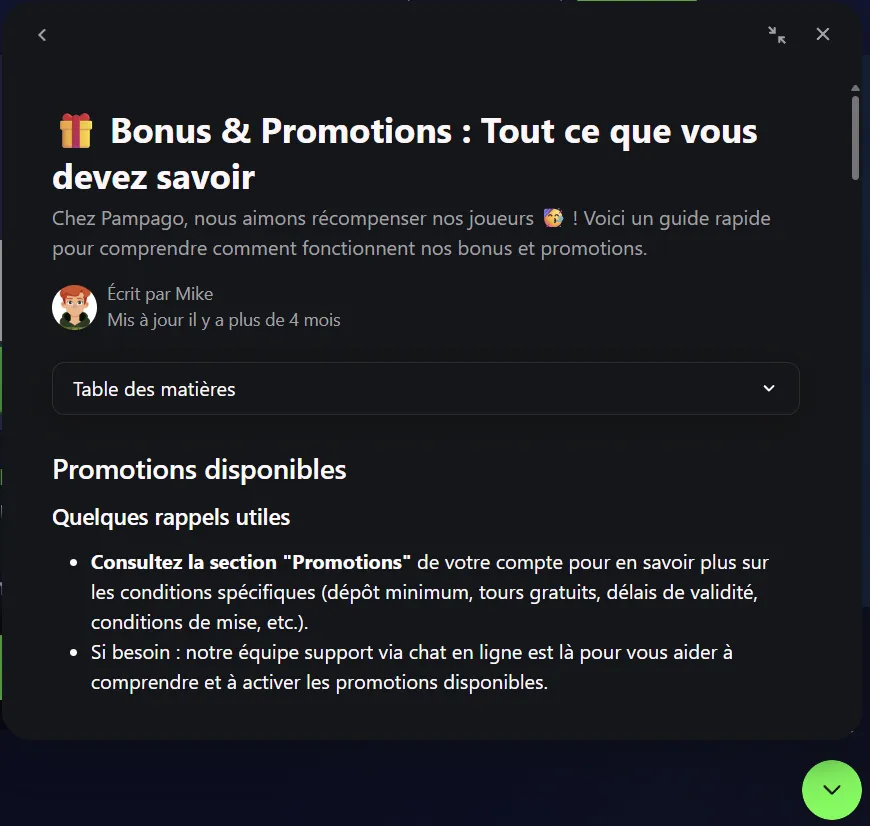 Fenêtre de messagerie instantanée du service client de Pampago Casino